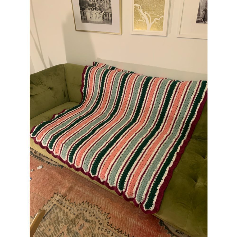 80s / 90s Striped Crotchet Blanket Pink, White, Green, and Maroon